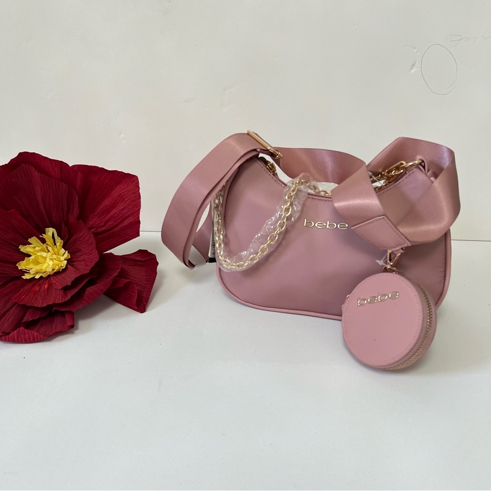 Bebe Light Pink / Mauve & Gold Tone Shoulder Bag / Crossbody With Mini Coin Bag